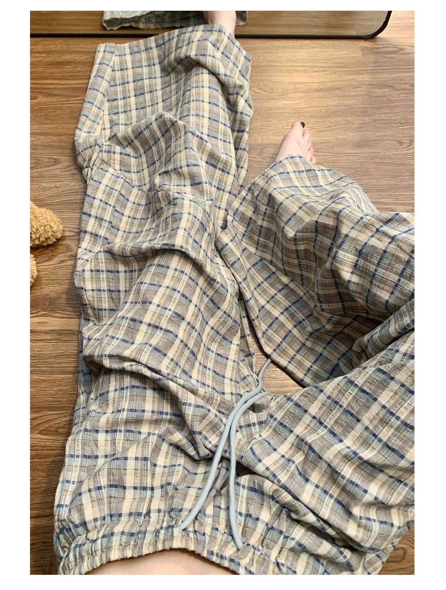 느슨함 센스 한 부서 달콤함 체크무늬 루즈핏 와이드 레깅스 바지 여름 느긋한 바람 도루 센스 하이웨이스트 캐주얼 굴곡 바지 상세 이미지 10