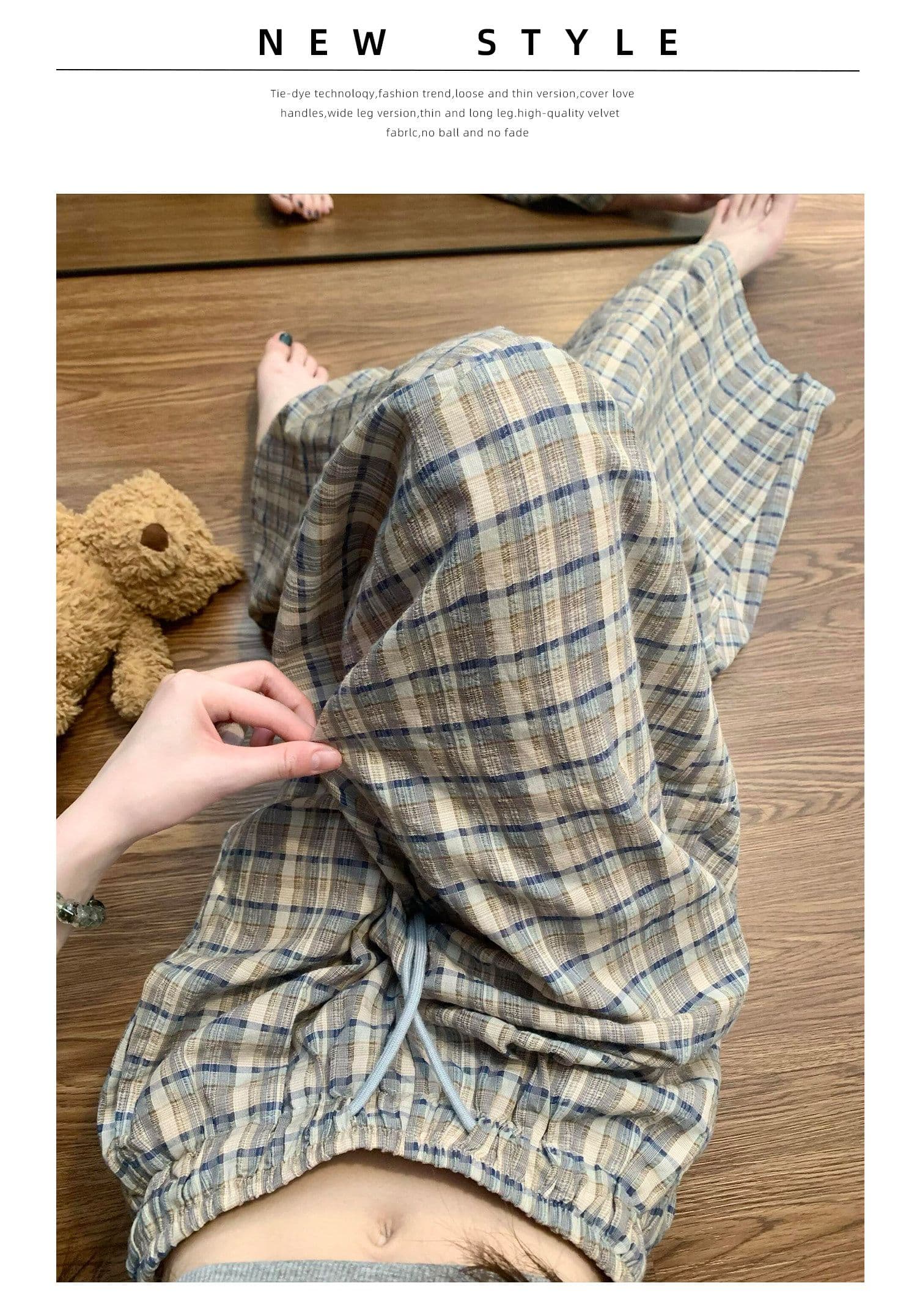 느슨함 센스 한 부서 달콤함 체크무늬 루즈핏 와이드 레깅스 바지 여름 느긋한 바람 도루 센스 하이웨이스트 캐주얼 굴곡 바지 상세 이미지 11