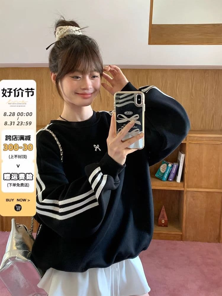 3개 바 나비 매듭 검정색 후드티 여성 2024 가을 새로운 루즈핏 슬림해 보이는 한국 스타일 맨위 재킷 상세 이미지 1