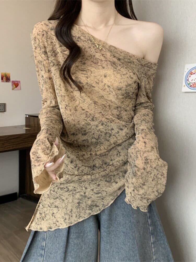 원본 원단 가을 새로운 폭발 헤일로 염색 불규칙 오프숄더 비스듬한 어깨 망사 티셔츠 여자 상세 이미지 2