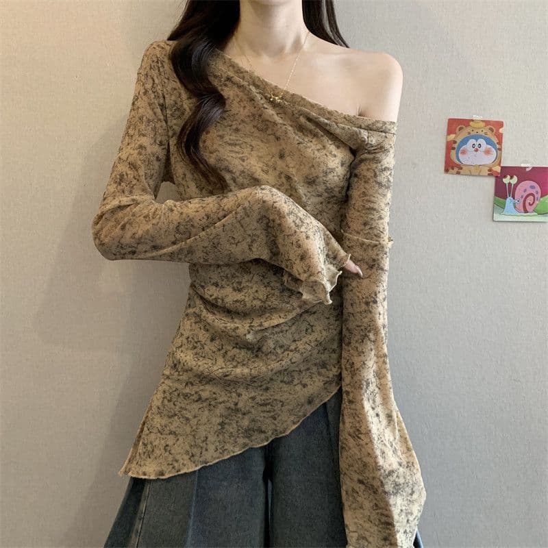 원본 원단 가을 새로운 폭발 헤일로 염색 불규칙 오프숄더 비스듬한 어깨 망사 티셔츠 여자 상세 이미지 6