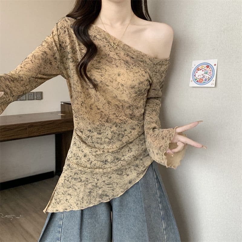 원본 원단 가을 새로운 폭발 헤일로 염색 불규칙 오프숄더 비스듬한 어깨 망사 티셔츠 여자 상세 이미지 7