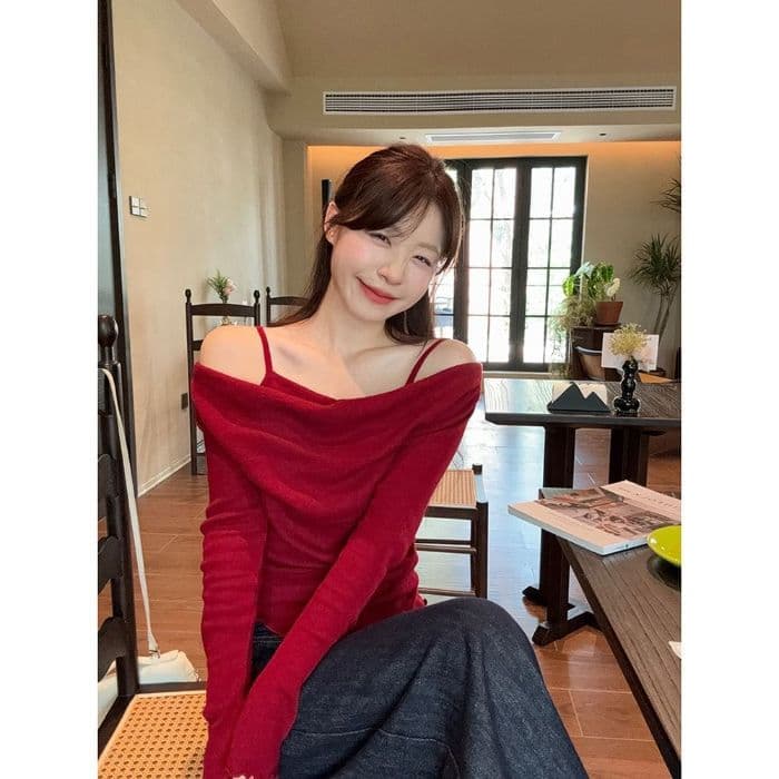 모달 사람들 면 페이크 레이어드 오프숄더 패치워크 긴팔 니트 스웨터 여성 가을 프릴 만나는 맨위 상세 이미지 3
