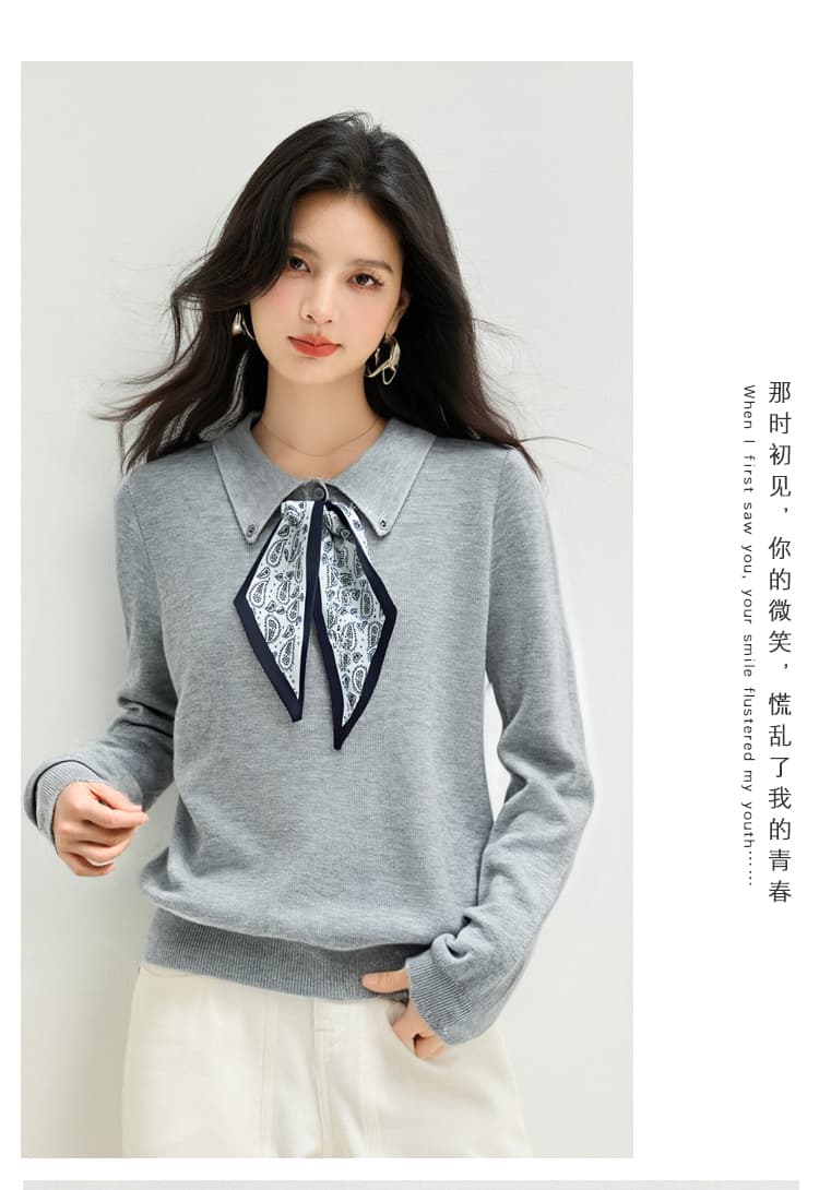 실사 있음 회색 POLO 칼라 가을 2026 봄 가을 새로운 학원 스타일 스카프 레이스업 기본 셔츠 맨위 상세 이미지 5
