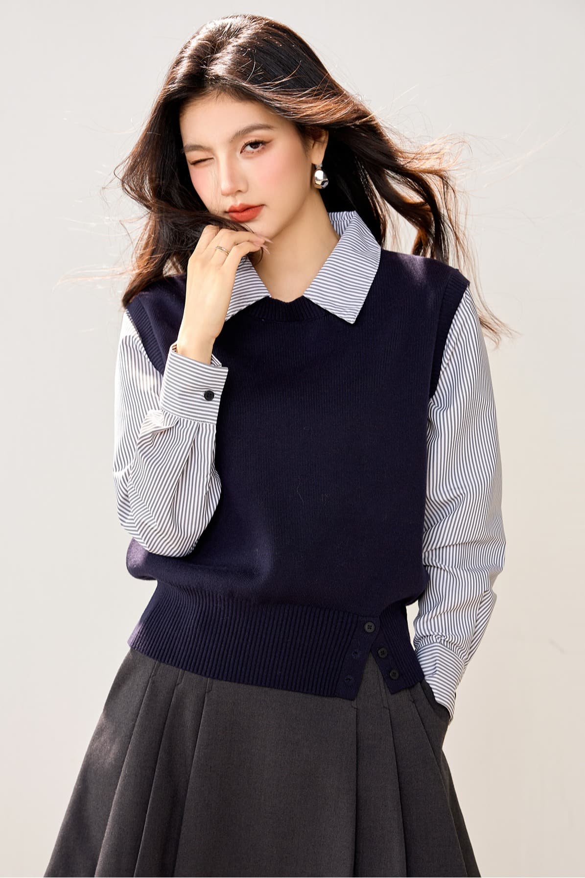 실사 있음 POLO 칼라 스트라이프 패치워크 니트 스웨터 여성 가을 디자인 센스 작은 대중 한 부서 페이크 레이어드 맨위 이미지 5