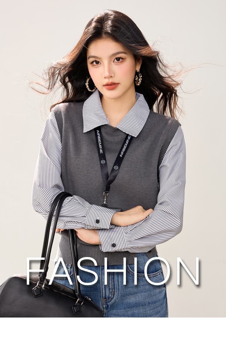 실사 있음 POLO 칼라 스트라이프 패치워크 니트 스웨터 여성 가을 디자인 센스 작은 대중 한 부서 페이크 레이어드 맨위 상세 이미지 1