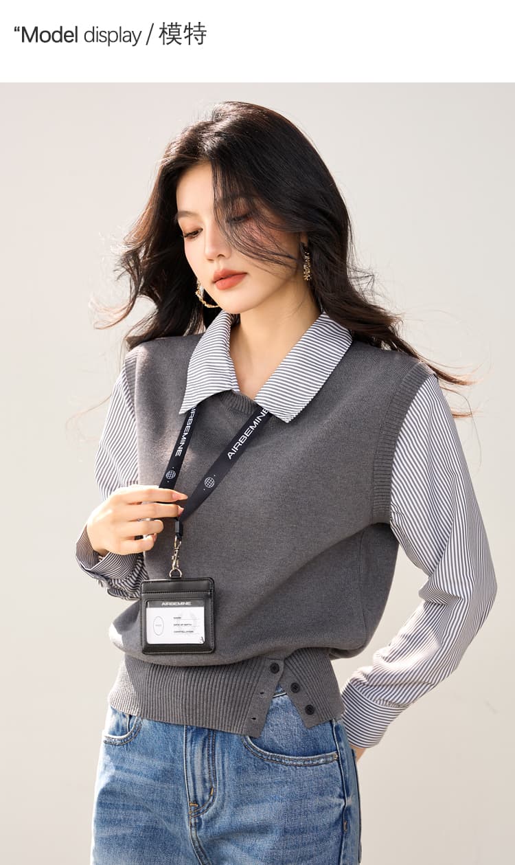 실사 있음 POLO 칼라 스트라이프 패치워크 니트 스웨터 여성 가을 디자인 센스 작은 대중 한 부서 페이크 레이어드 맨위 상세 이미지 4