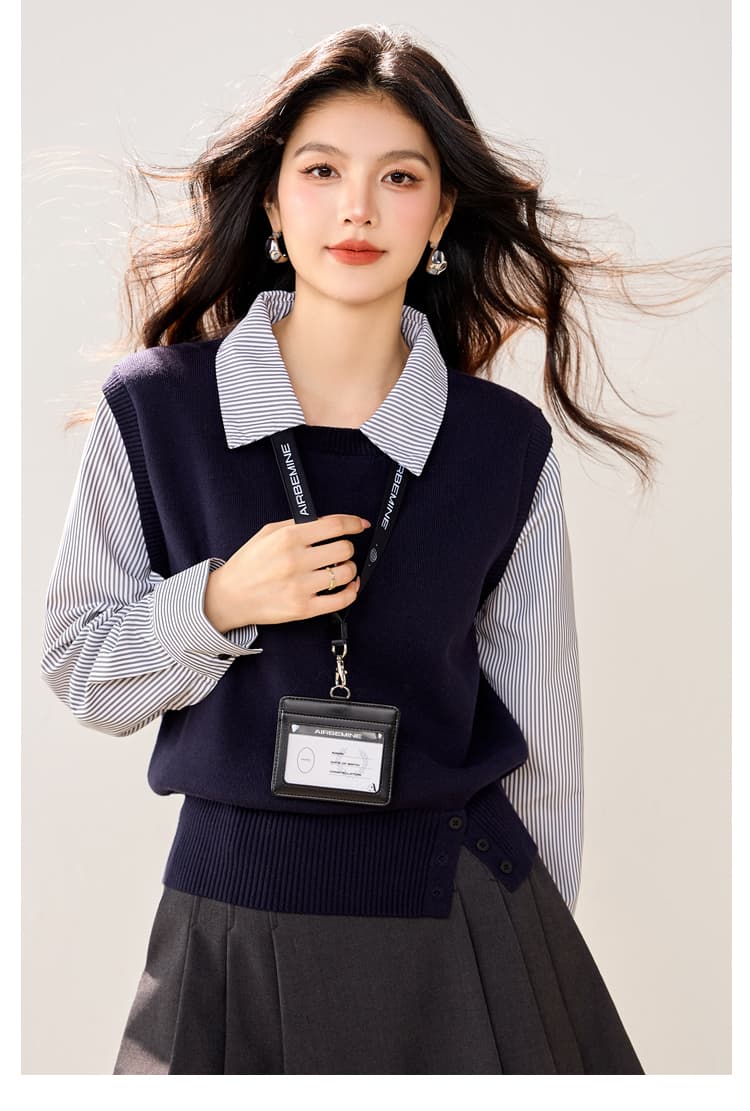 실사 있음 POLO 칼라 스트라이프 패치워크 니트 스웨터 여성 가을 디자인 센스 작은 대중 한 부서 페이크 레이어드 맨위 상세 이미지 7