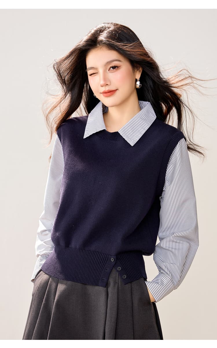 실사 있음 POLO 칼라 스트라이프 패치워크 니트 스웨터 여성 가을 디자인 센스 작은 대중 한 부서 페이크 레이어드 맨위 상세 이미지 8
