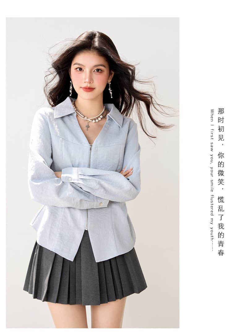 실사 있음 여성 의류 미니멀리즘 단색 지퍼 V 넥 셔츠 지방 mm 봄 새로운 출퇴근 품격 긴팔 셔츠 상세 이미지 6