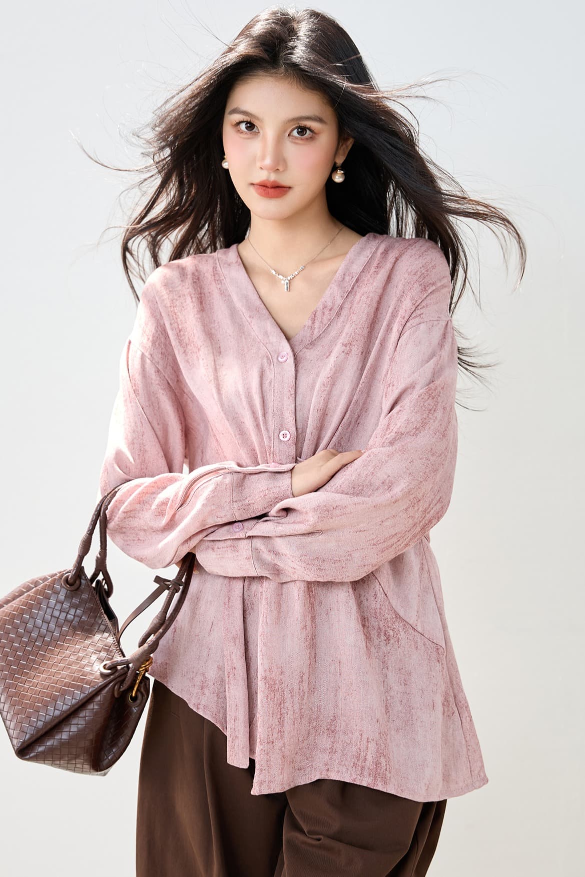 실사 있음 청 서리 가을 아마 사람들 면 디자인 센스 레이스업 V넥 튀김 색상 맨위 이미지 5