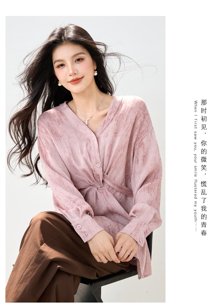 실사 있음 청 서리 가을 아마 사람들 면 디자인 센스 레이스업 V넥 튀김 색상 맨위 상세 이미지 6