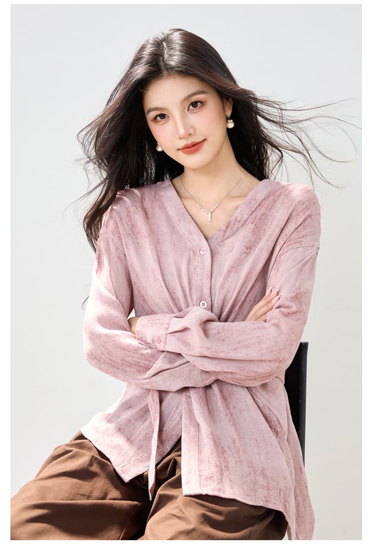 실사 있음 청 서리 가을 아마 사람들 면 디자인 센스 레이스업 V넥 튀김 색상 맨위 상세 이미지 7