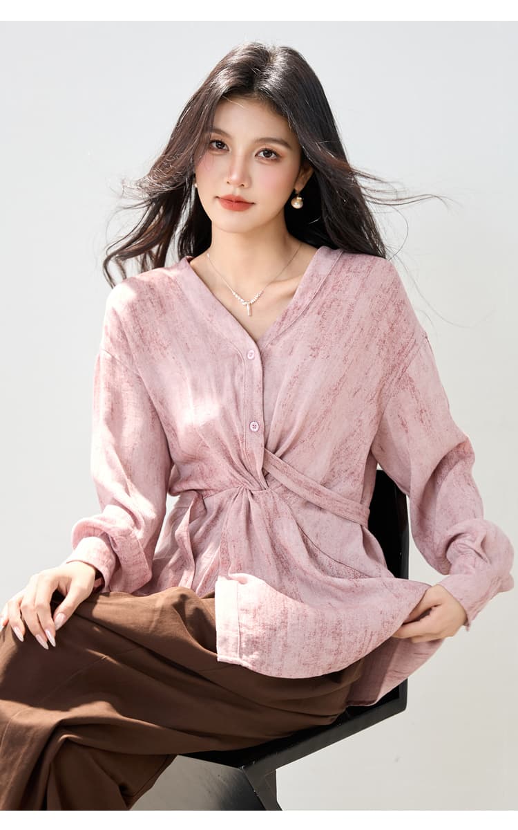 실사 있음 청 서리 가을 아마 사람들 면 디자인 센스 레이스업 V넥 튀김 색상 맨위 상세 이미지 8