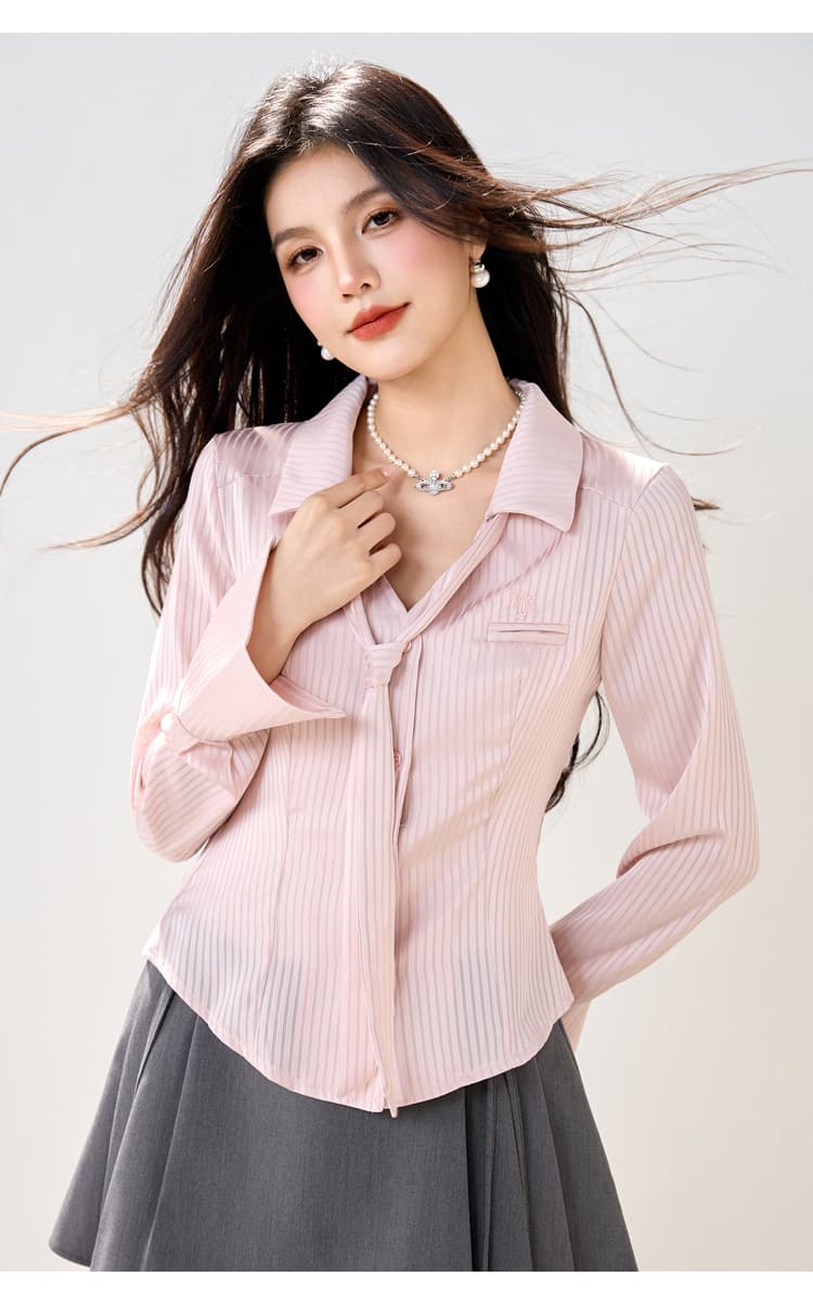 실사 있음 여성 의류 미니멀리즘 단색 지퍼 V 넥 셔츠 지방 mm 봄 새로운 출퇴근 품격 긴팔 셔츠 상세 이미지 8