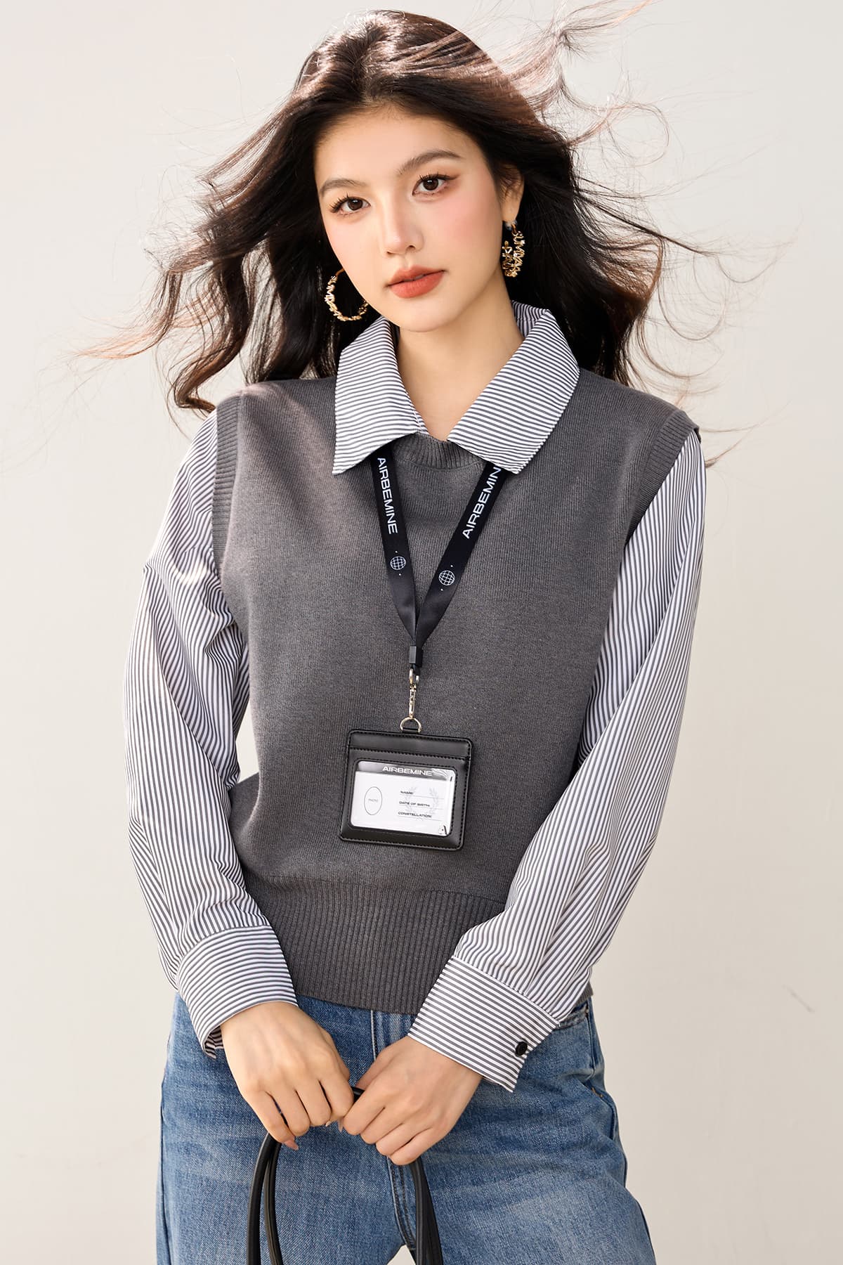 실사 있음 POLO 칼라 스트라이프 패치워크 니트 스웨터 여성 가을 디자인 센스 작은 대중 한 부서 페이크 레이어드 맨위 이미지 2