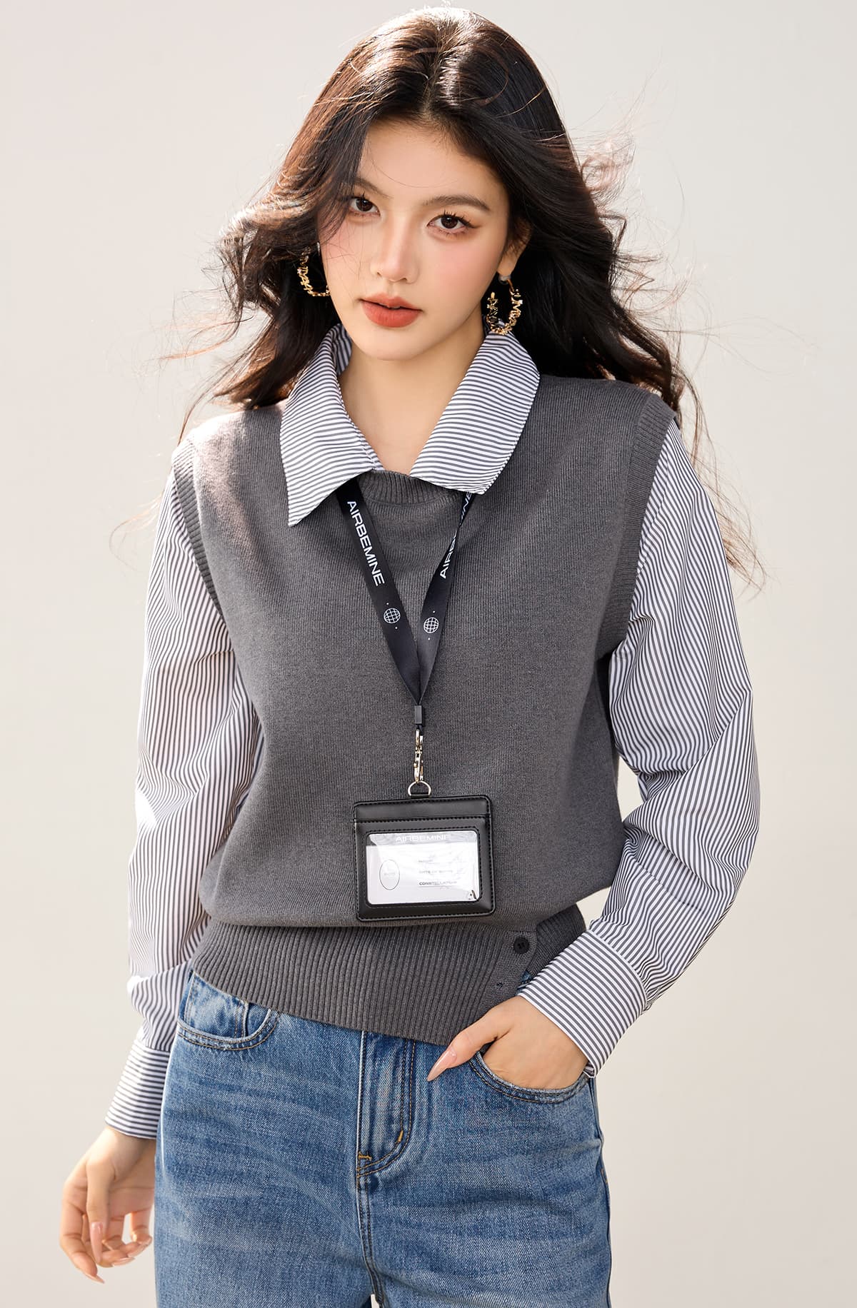 실사 있음 POLO 칼라 스트라이프 패치워크 니트 스웨터 여성 가을 디자인 센스 작은 대중 한 부서 페이크 레이어드 맨위 이미지 3