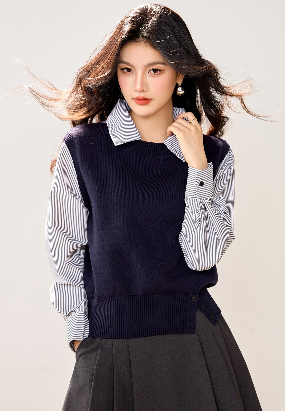 실사 있음 POLO 칼라 스트라이프 패치워크 니트 스웨터 여성 가을 디자인 센스 작은 대중 한 부서 페이크 레이어드 맨위 이미지 4