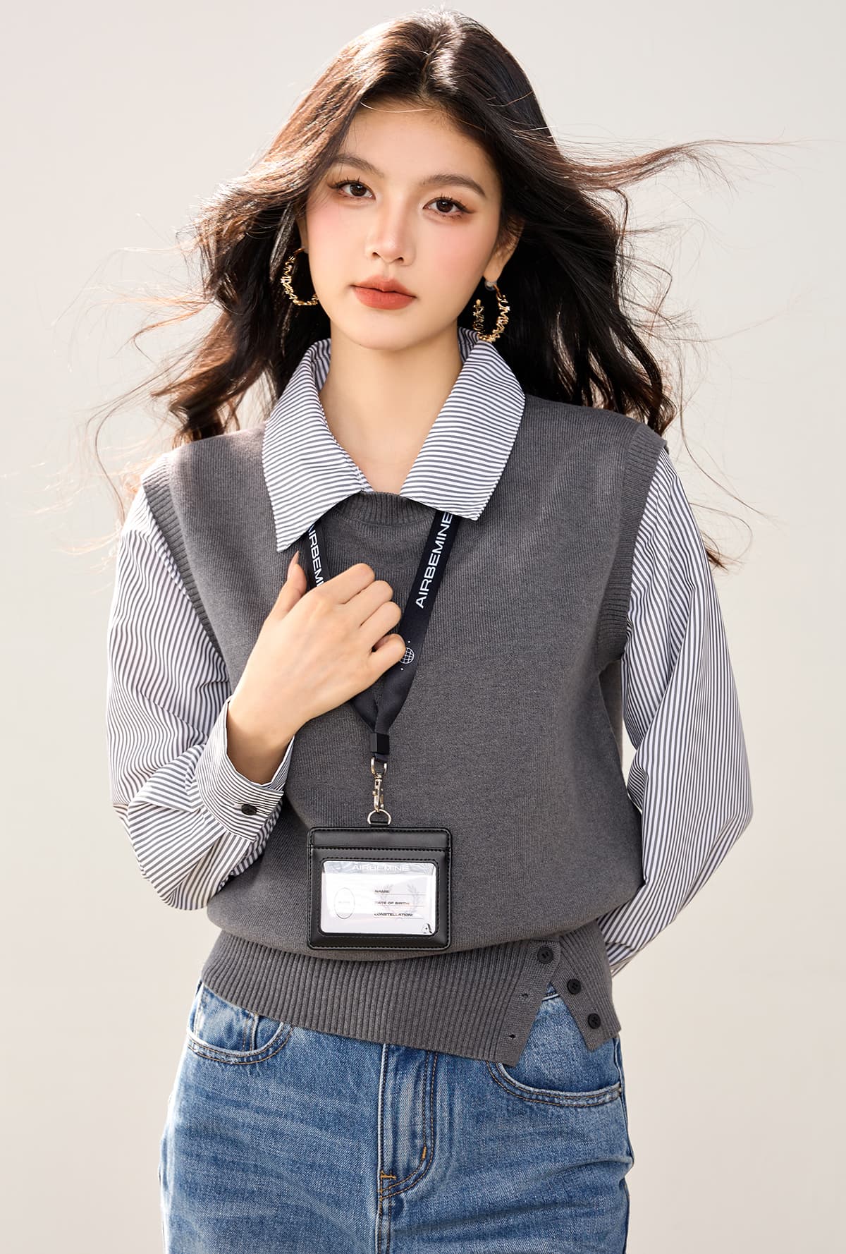 실사 있음 POLO 칼라 스트라이프 패치워크 니트 스웨터 여성 가을 디자인 센스 작은 대중 한 부서 페이크 레이어드 맨위