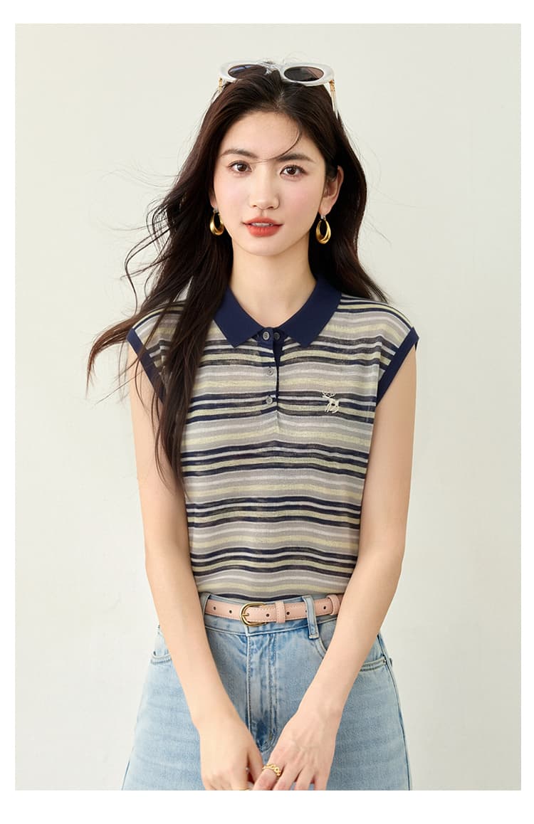 실사 있음 한국 스타일 패션 폴로 칼라 스트라이프 반팔 티셔츠 여성 루즈핏 슬림해 보이는 다용도 연령 감소 맨위 상세 이미지 7