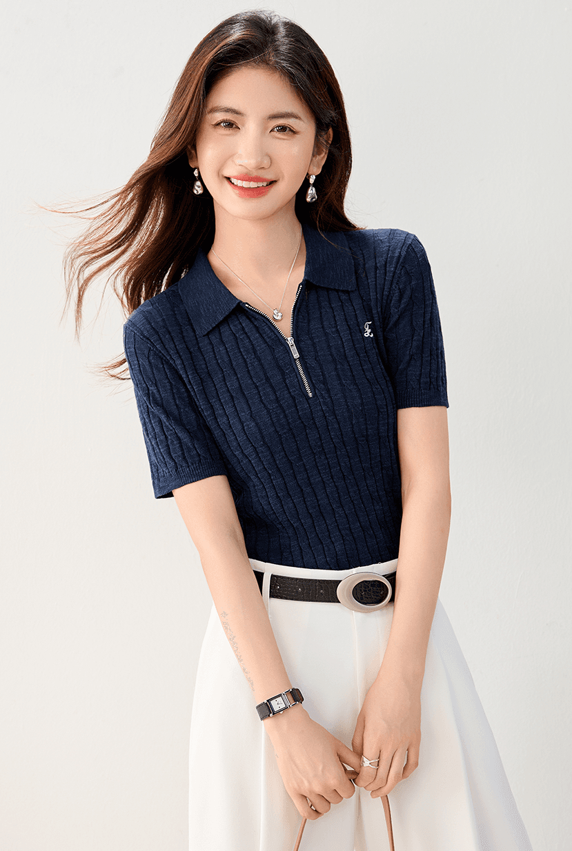 실사 있음 POLO 칼라 아마 루즈핏 반팔 다용도 털 셔츠 26 여름 새로운 니트 스웨터 여성 이미지 3
