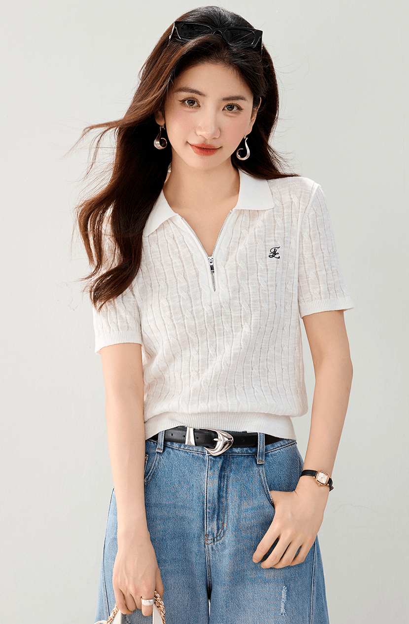 실사 있음 POLO 칼라 아마 루즈핏 반팔 다용도 털 셔츠 26 여름 새로운 니트 스웨터 여성 이미지 2