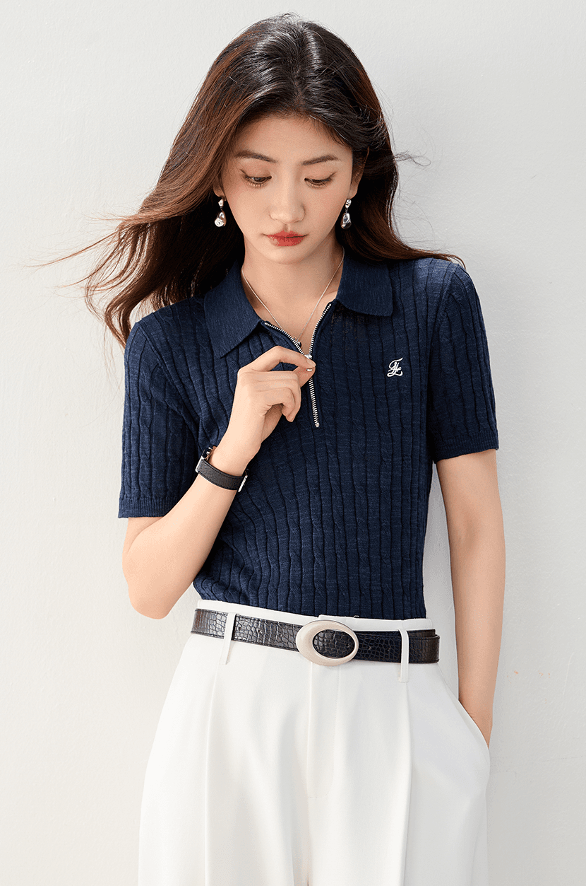 실사 있음 POLO 칼라 아마 루즈핏 반팔 다용도 털 셔츠 26 여름 새로운 니트 스웨터 여성 이미지 4