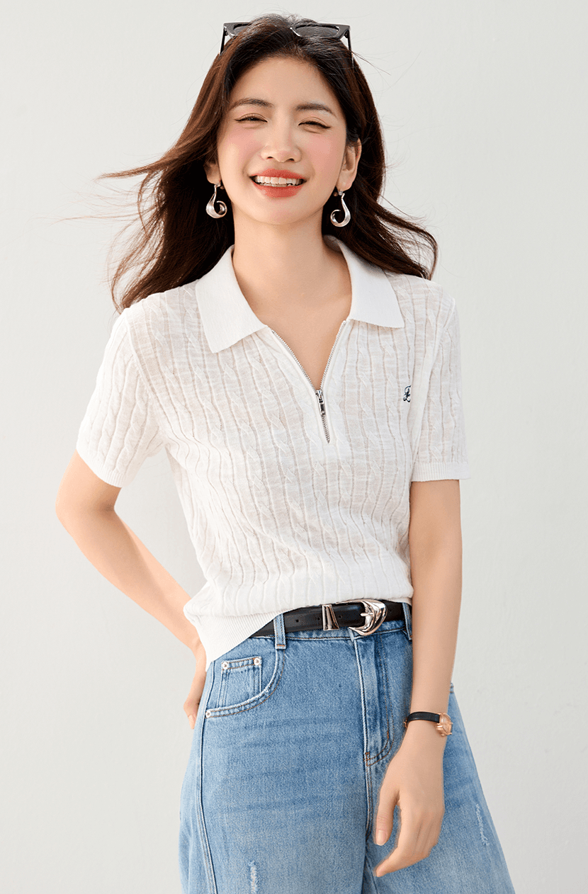 실사 있음 POLO 칼라 아마 루즈핏 반팔 다용도 털 셔츠 26 여름 새로운 니트 스웨터 여성