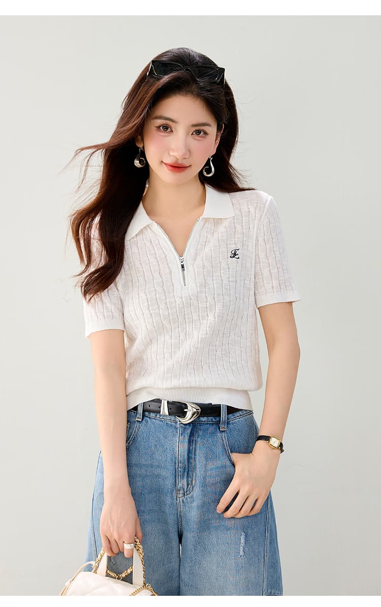 실사 있음 POLO 칼라 아마 루즈핏 반팔 다용도 털 셔츠 26 여름 새로운 니트 스웨터 여성 상세 이미지 8