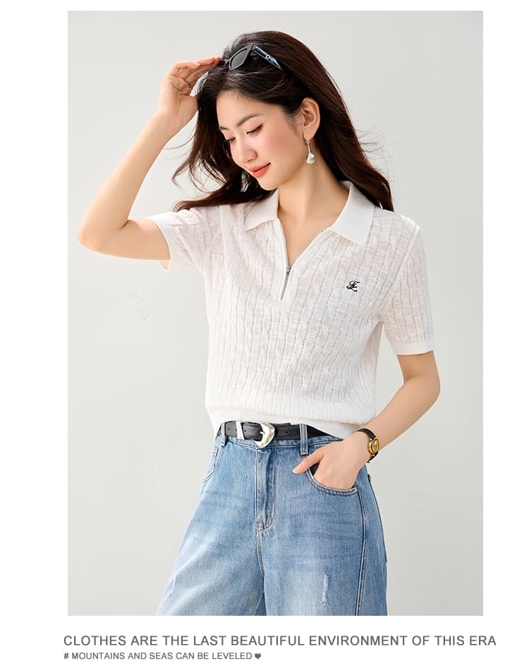 실사 있음 POLO 칼라 아마 루즈핏 반팔 다용도 털 셔츠 26 여름 새로운 니트 스웨터 여성 상세 이미지 9