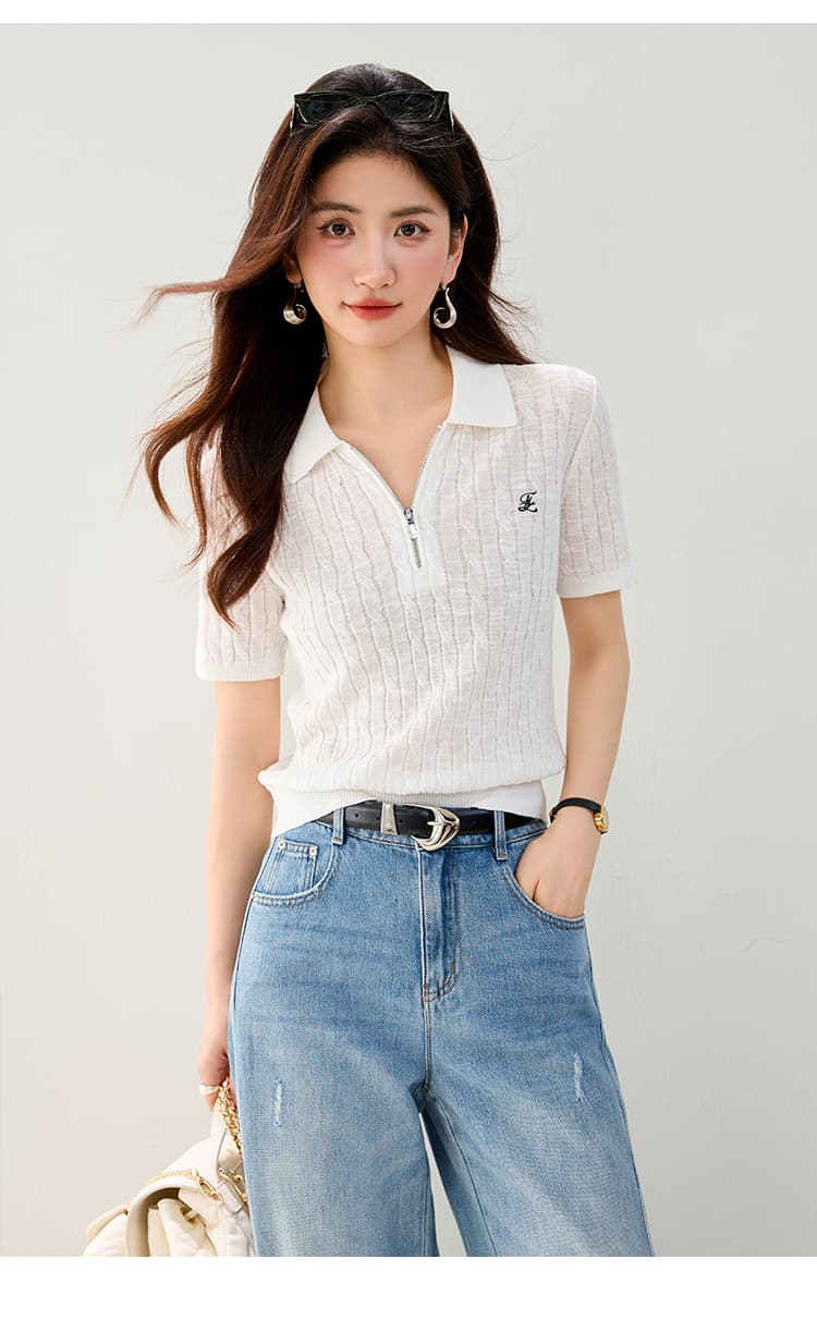 실사 있음 POLO 칼라 아마 루즈핏 반팔 다용도 털 셔츠 26 여름 새로운 니트 스웨터 여성 상세 이미지 10