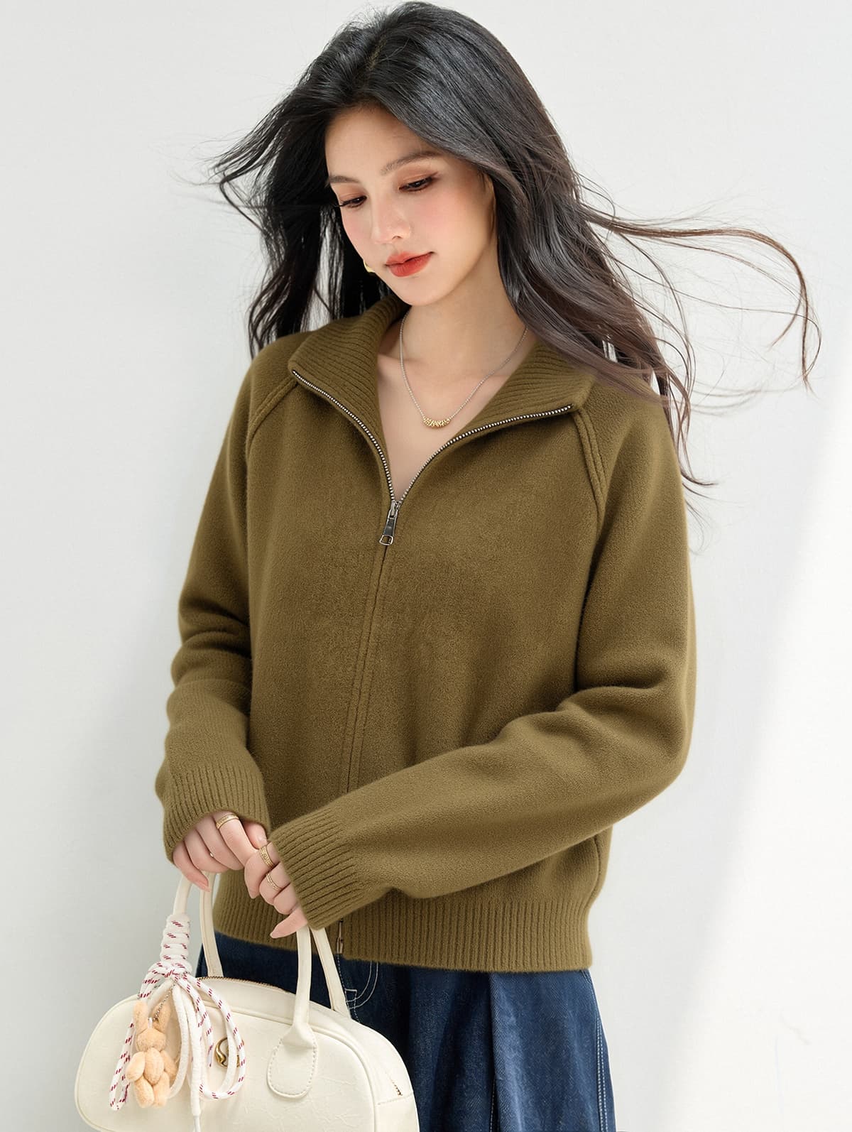 실사 있음 한 부서 폴로 칼라 더블 지퍼 니트 오픈 가디건 가을 새로운 루즈핏 느긋한 부드러운 찹쌀 스웨터 여성 코트 이미지 4