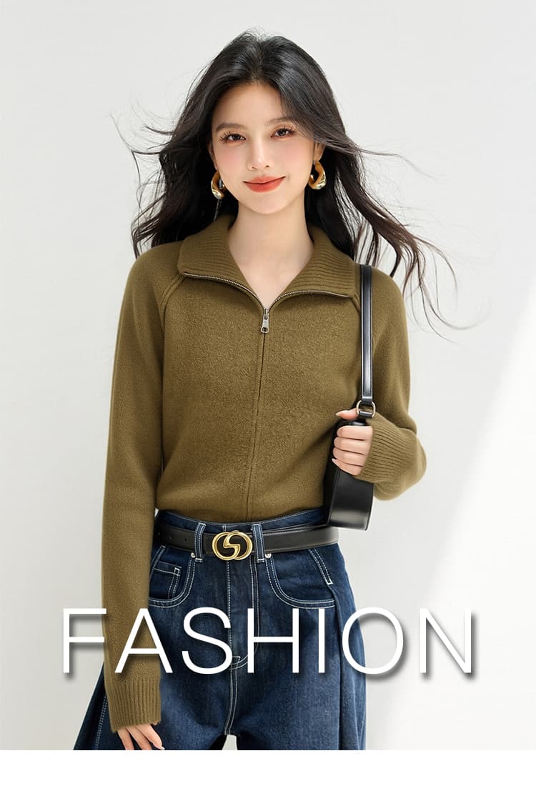 실사 있음 한 부서 폴로 칼라 더블 지퍼 니트 오픈 가디건 가을 새로운 루즈핏 느긋한 부드러운 찹쌀 스웨터 여성 코트 상세 이미지 1
