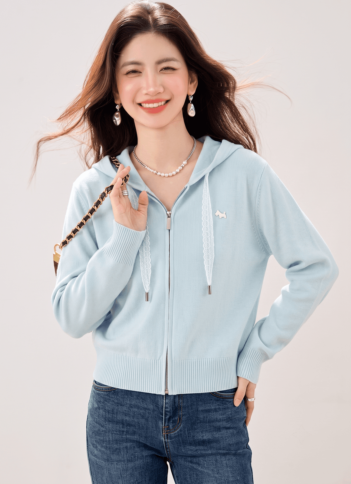 실사 있음 더블 지퍼 해군 칼라 니트 오픈 가디건 여성 2026 가을 새로운 작은 키 루즈핏 캐주얼 맨위 이미지 4