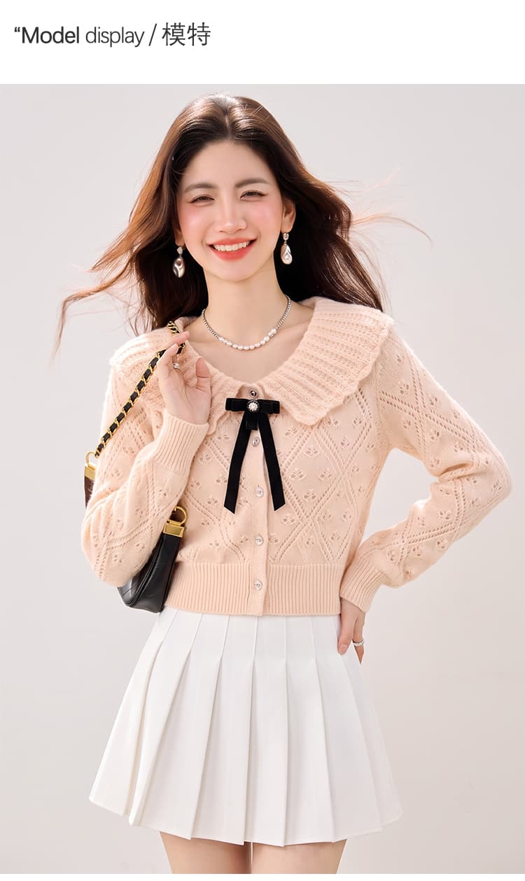 실사 있음 2026 가을 얕은 봄 색상 시스템 달콤함 홀로우 아웃 폴로 칼라 나비 매듭 못 훈련 털 니트 스웨터 상세 이미지 4