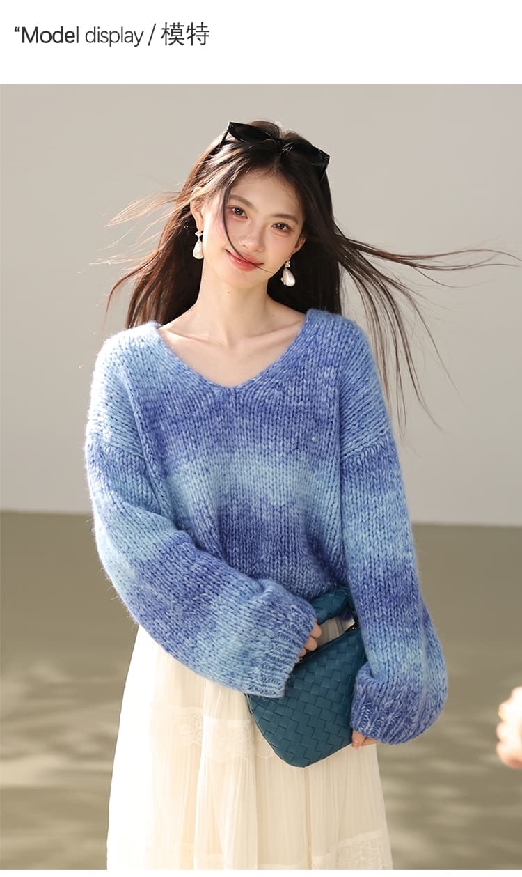 실사 있음 그라데이션 색층 분석기 기술 부드럽다 푹신한 모헤어 아름다운 노예 양모 V넥 니트 스웨터 스웨터 상세 이미지 4
