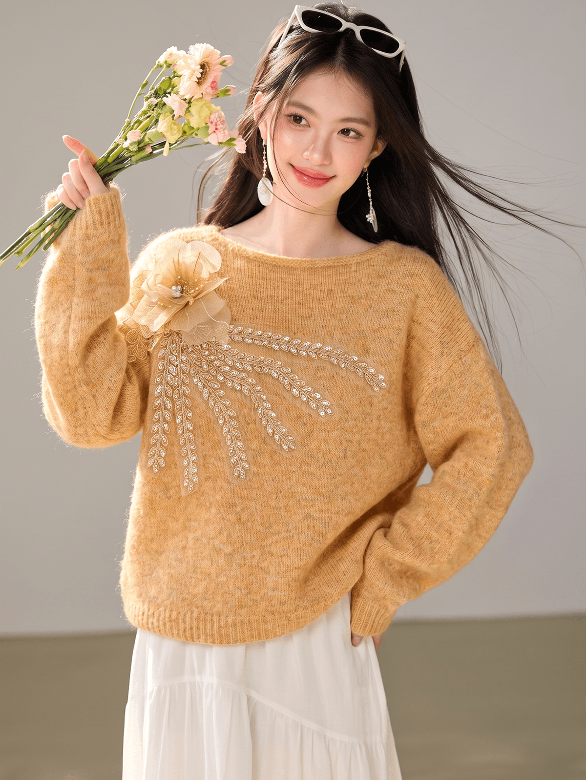 실사 있음 무거운 작업 3 차원 꽃 스웨터 여자 가을 부드러운 바람 품격 한 부서 느긋한 바람 부드러운 찹쌀 니트 스웨터 이미지 2