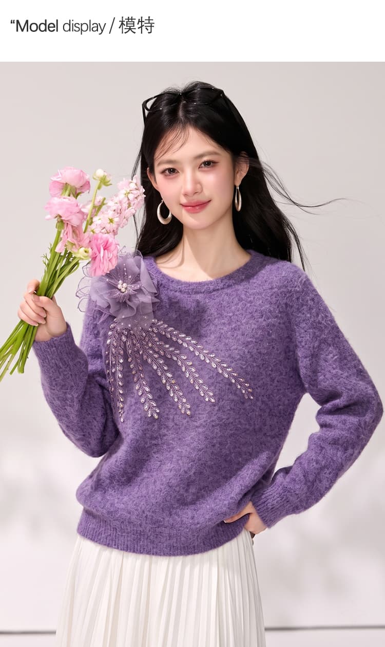 실사 있음 무거운 작업 3 차원 꽃 스웨터 여자 가을 부드러운 바람 품격 한 부서 느긋한 바람 부드러운 찹쌀 니트 스웨터 상세 이미지 4