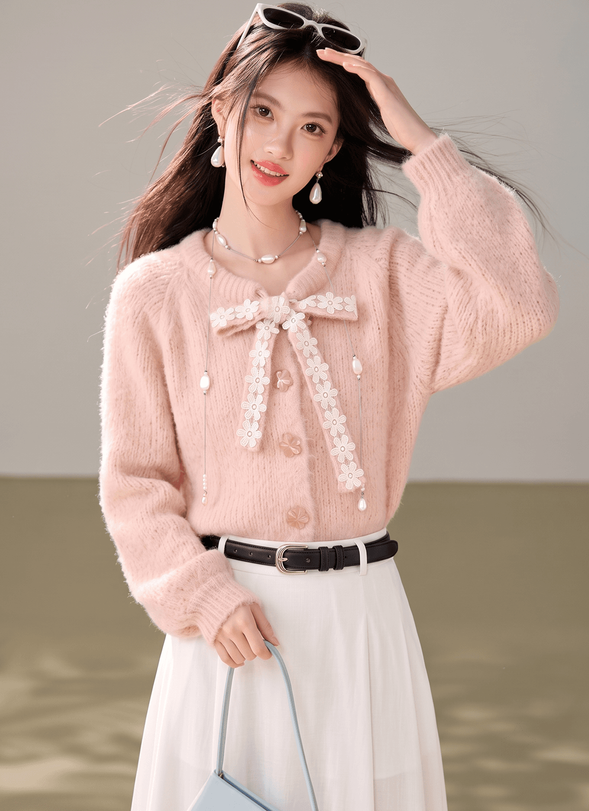 실사 있음 나비 매듭 스트랩 여성 가을 겨울철 핑크색 스웨터 모직물 오픈 가디건 인사이드 잡아라. 의류 이미지 3