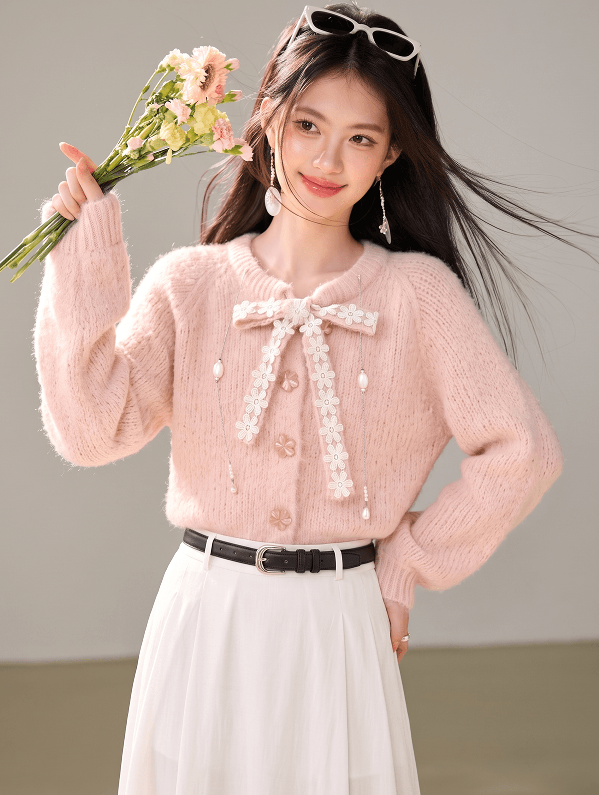 실사 있음 나비 매듭 스트랩 여성 가을 겨울철 핑크색 스웨터 모직물 오픈 가디건 인사이드 잡아라. 의류 이미지 4