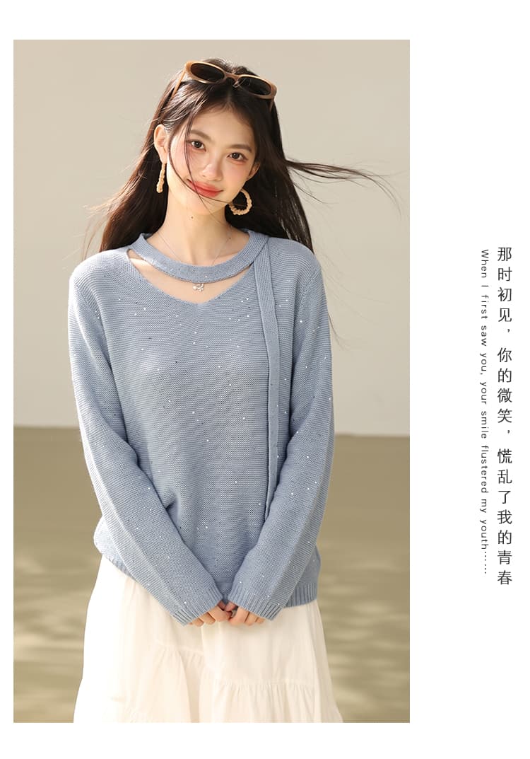 실사 있음 프랑스식 행침 목 V넥 부드러운 찹쌀 긴팔 니트 스웨터 여성 가을 느긋한 바람 루즈핏 우유 씽 하는 소리 맨위 상세 이미지 6
