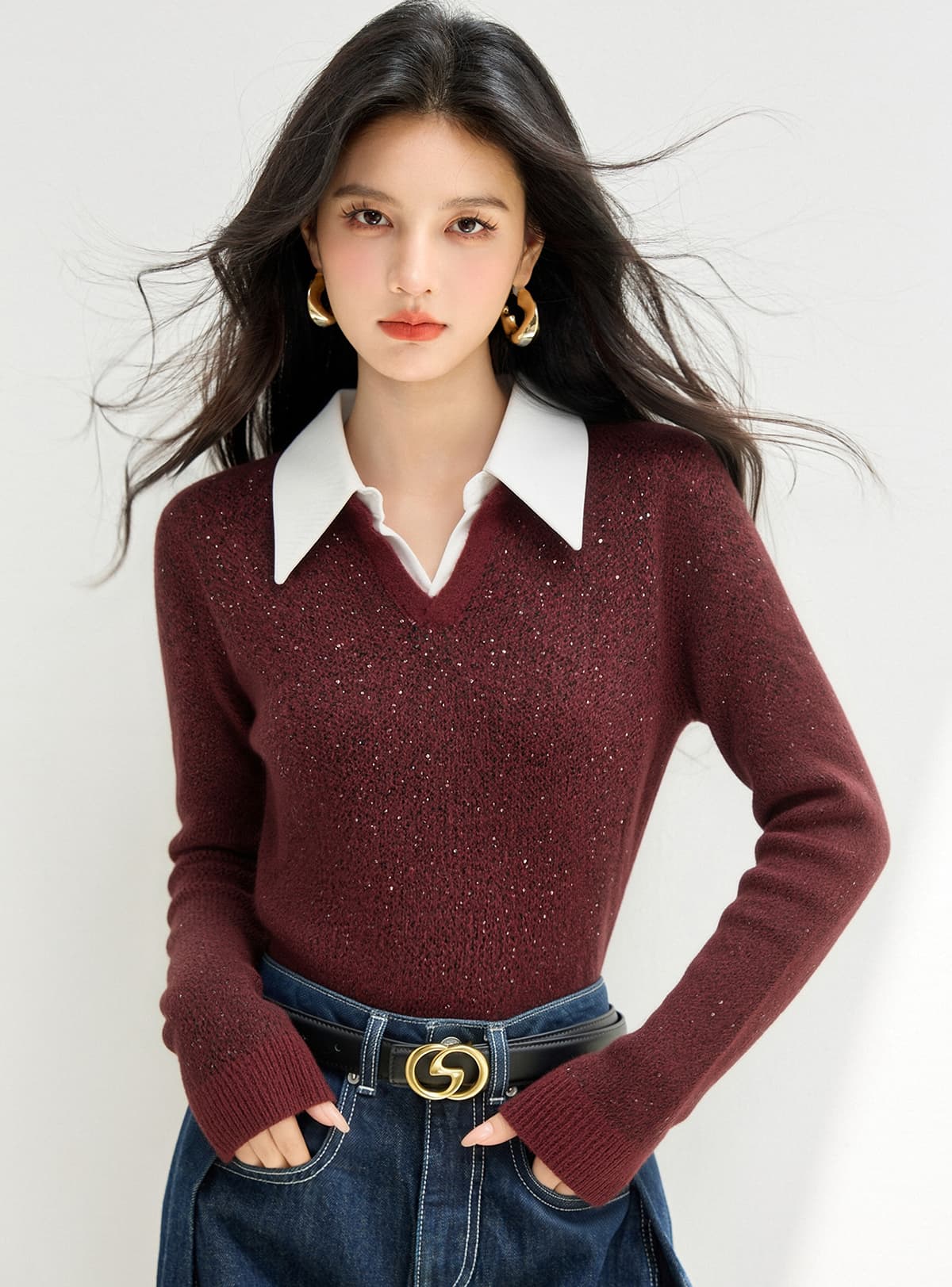 실사 있음 2026 년 가을 배색 POLO 칼라 루즈핏 니트 스웨터 다용도 핫픽스 슬림해 보이는 맨위 여성 이미지 2
