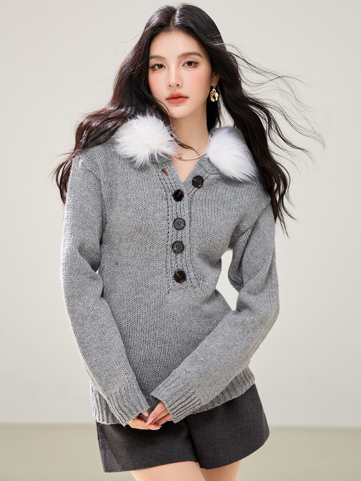 실사 있음 핫걸 탈착식 모피 칼라 헨리 칼라 스웨터 여자 가을 한 부서 허리 수축 후드 니트 스웨터 맨위 이미지 2