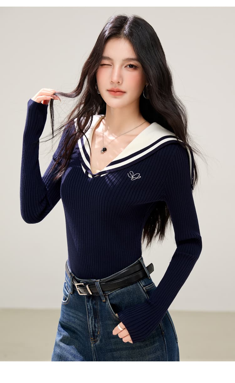 실사 있음 2026 년 가을 Chic 자수 해군 칼라 니트 스웨터 몸매 가꾸기 다용도 슬림해 보이는 캐주얼 맨위 상세 이미지 8