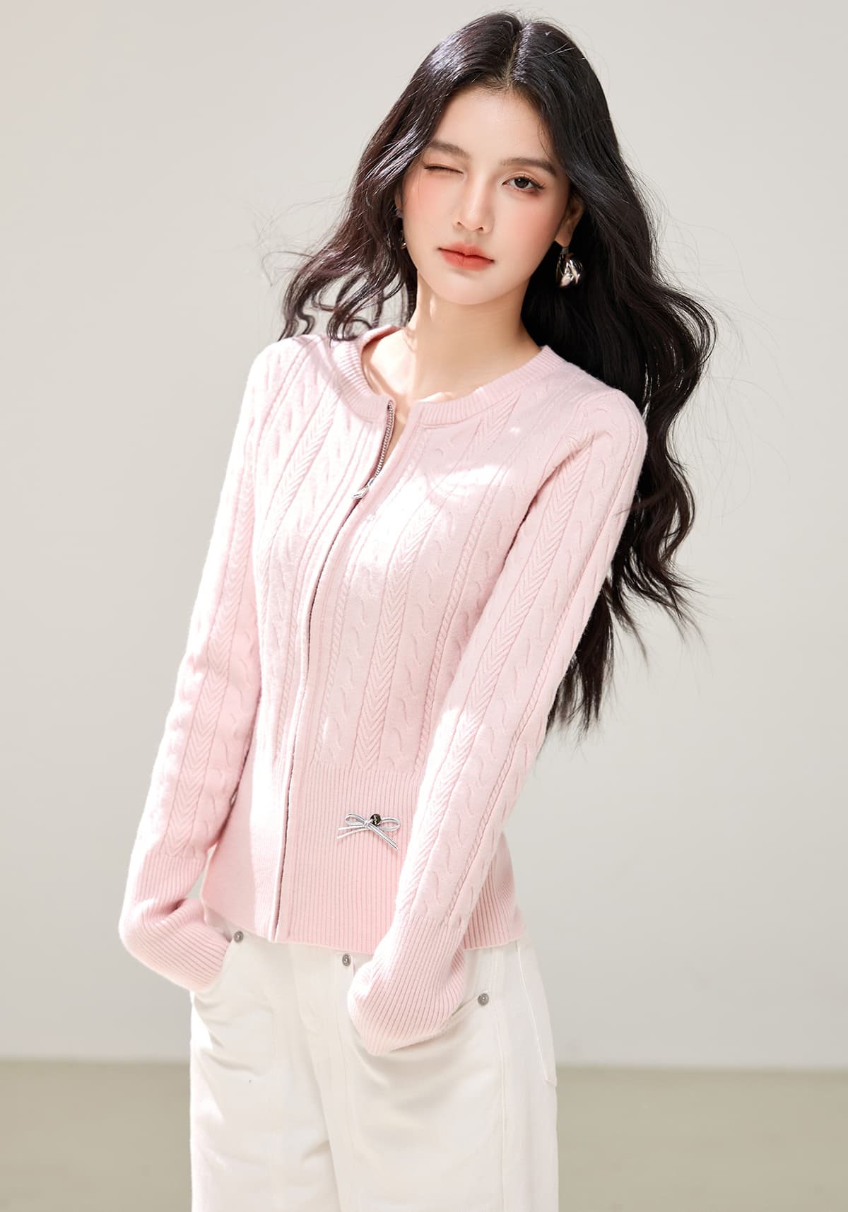 핑크색 라운드 넥 꽈배기 니트 오픈 가디건 여성 2026 가을 몸매 가꾸기 재킷 스웨터 인사이드 잡아라. 의류 이미지 3