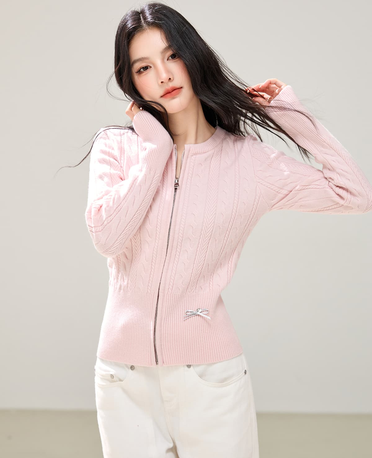 핑크색 라운드 넥 꽈배기 니트 오픈 가디건 여성 2026 가을 몸매 가꾸기 재킷 스웨터 인사이드 잡아라. 의류 이미지 4