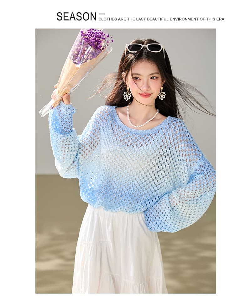 부드러운 다채로운 그라데이션 홀로우 아웃 니트 스웨터 여성 2026 가을 긴팔 라운드 넥 루즈핏 패션 다용도 맨위 상세 이미지 5