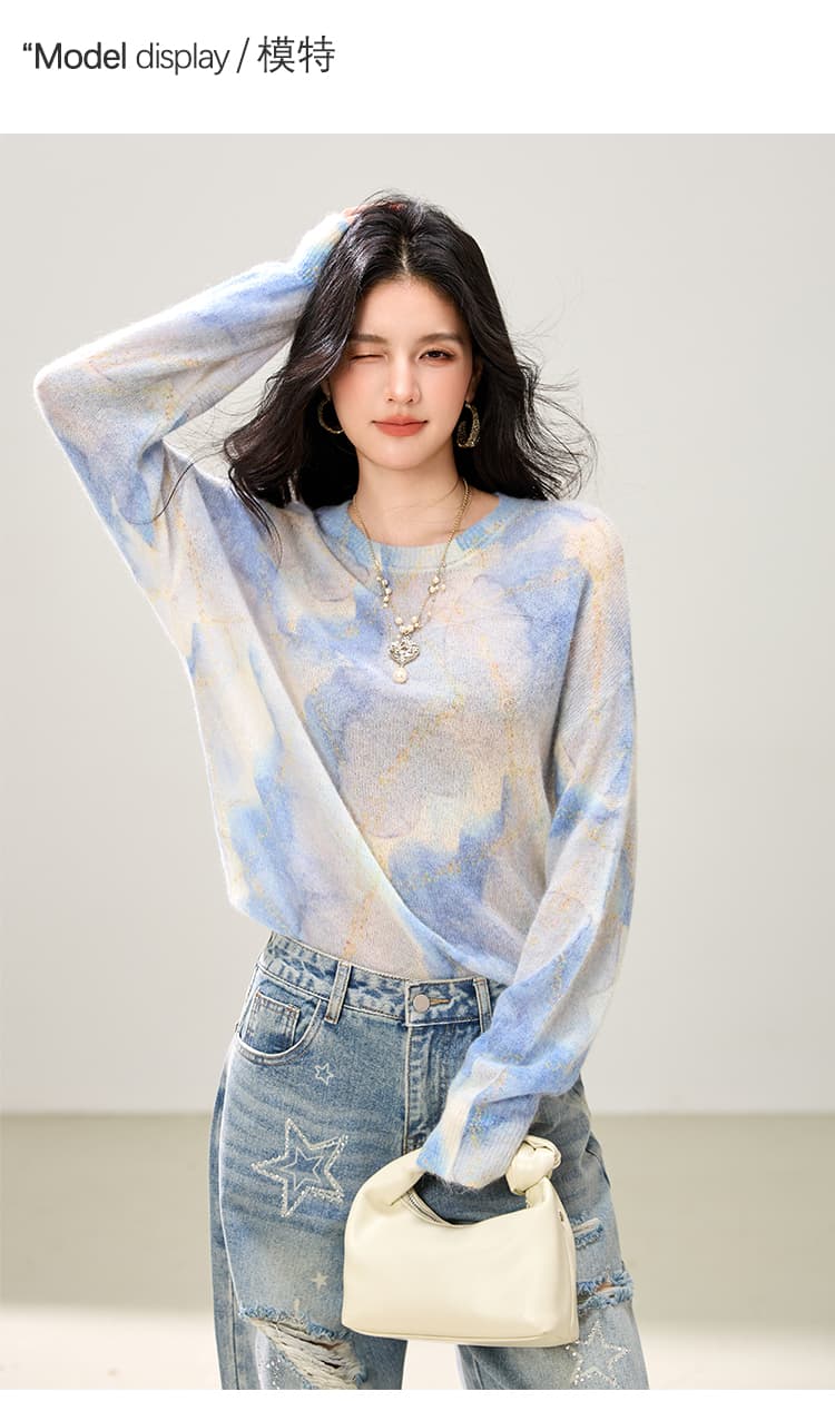 도파민 수공 홀치기 염색 양 낙타 양모 2026 가을 새로운 라운드 넥 풀오버 밑바닥 바늘 뜨개질 스웨터 여성 상세 이미지 4