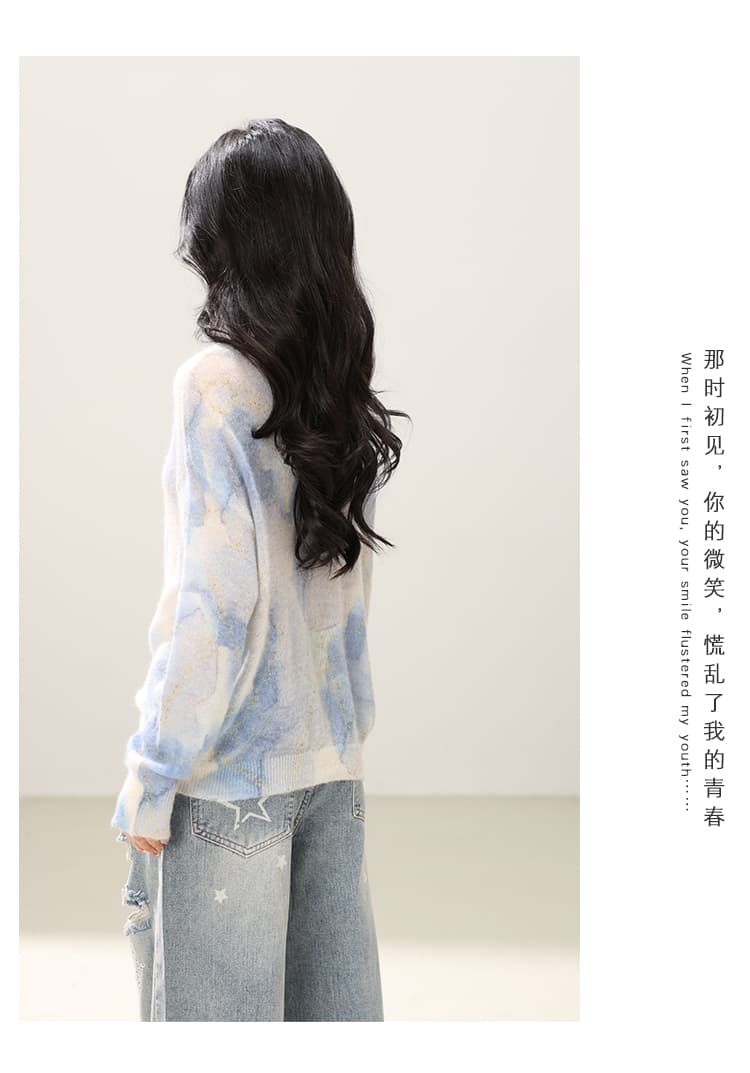도파민 수공 홀치기 염색 양 낙타 양모 2026 가을 새로운 라운드 넥 풀오버 밑바닥 바늘 뜨개질 스웨터 여성 상세 이미지 6