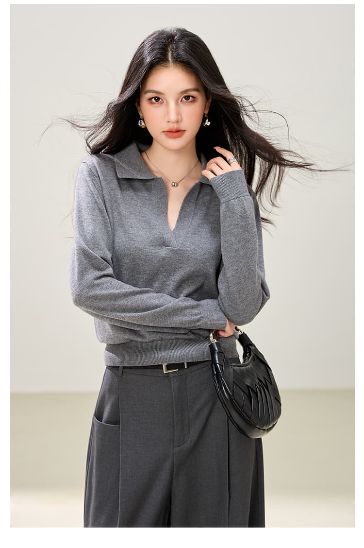 회색 V넥 긴팔 니트 스웨터 여성 2026 가을 POLO 칼라 부드러운 찹쌀 스웨터 상세 이미지 7